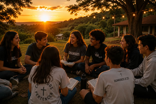 Adolescentes reunidos em comunhão durante retiro cristão